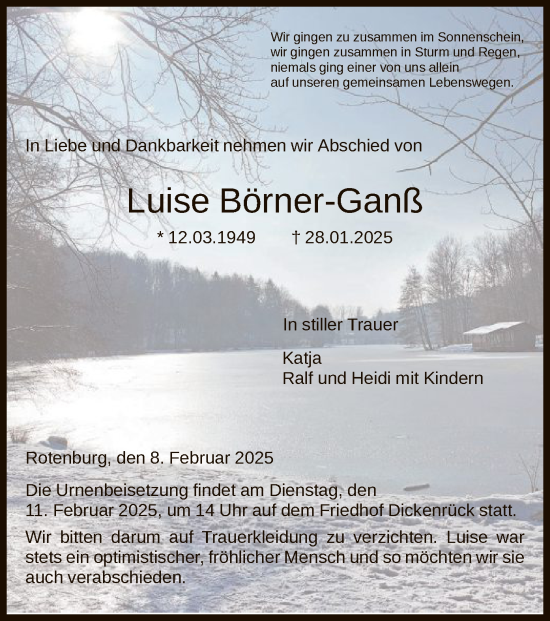 Todesanzeige von Luise Börner-Ganß von HNA