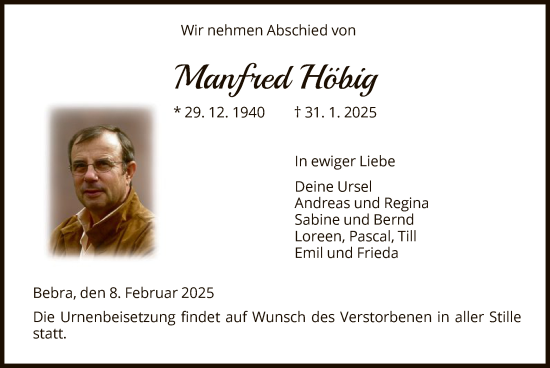 Todesanzeige von Manfred Höbig von HNA