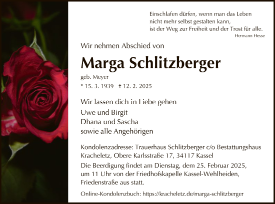 Todesanzeige von Marga Schlitzberger von HNA
