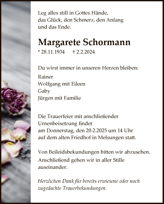 Todesanzeige von Margarete Schormann von HNA