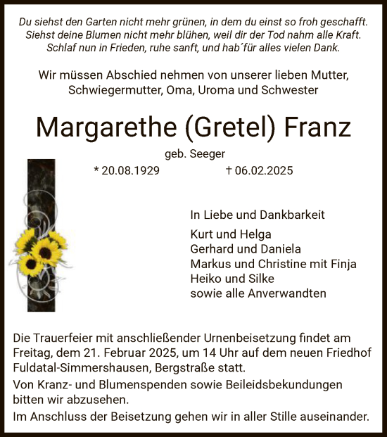 Todesanzeige von Margarethe Franz von HNA