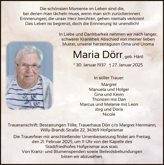 Todesanzeige von Maria Dörr von HNAHNA
