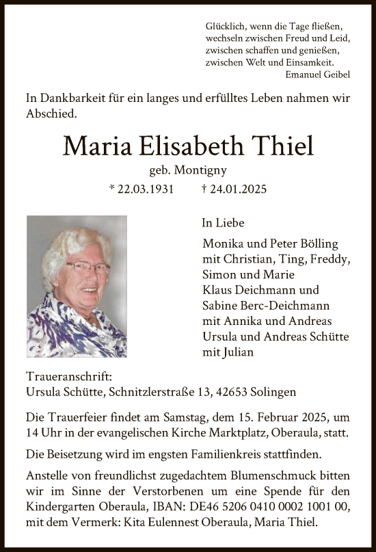 Todesanzeige von Maria Elisabeth Thiel von HNA