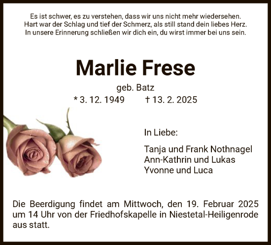 Todesanzeige von Marlie Frese von HNA