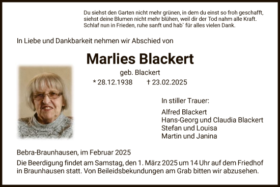 Todesanzeige von Marlies Blackert von HNA