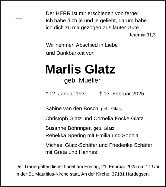 Todesanzeige von Marlis Glatz von HNA