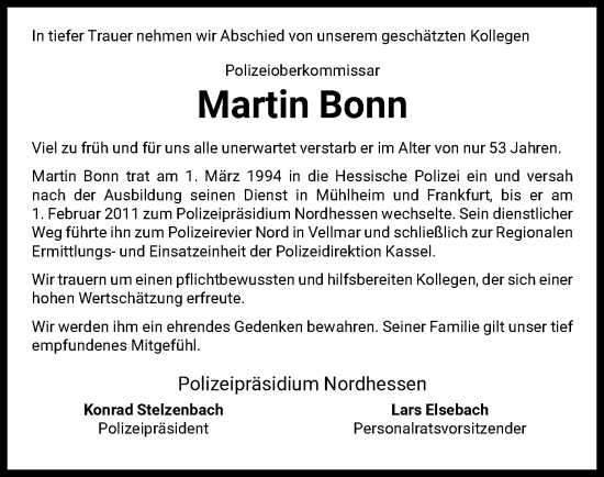 Todesanzeige von Martin Bonn von HNA