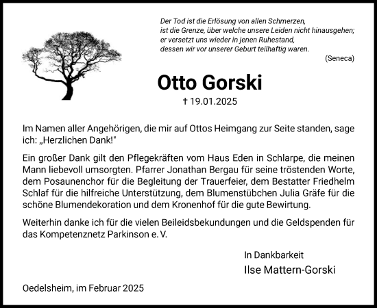 Todesanzeige von Otto Gorski von HNA