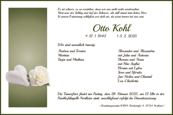 Todesanzeige von Otto Kohl von HNA