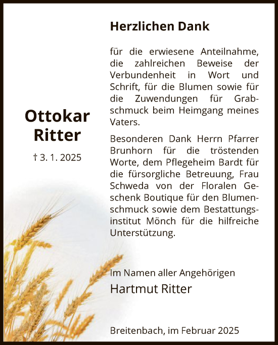 Todesanzeige von Ottokar Ritter von HNA