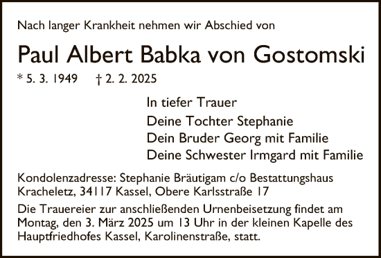 Todesanzeige von Paul Albert Babka von Gostomski von HNA