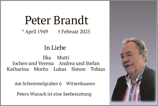 Todesanzeige von Peter Brandt von HNAWRS