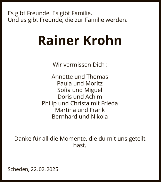 Todesanzeige von Rainer Krohn von HNA