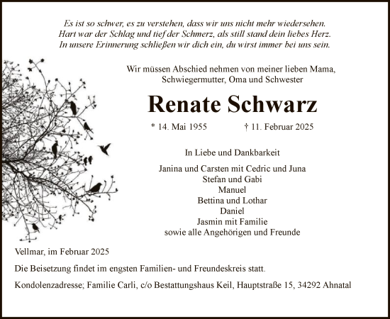 Todesanzeige von Renate Schwarz von HNAHNA