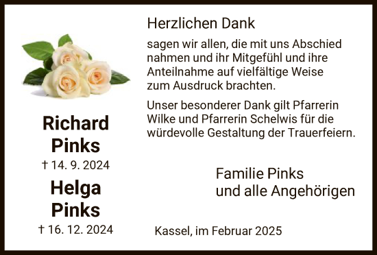 Todesanzeige von Richard und Helga Pinks von HNA