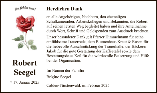 Todesanzeige von Robert Seegel von HNAHNA