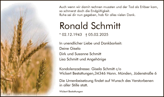 Todesanzeige von Ronald Schmitt von HNA
