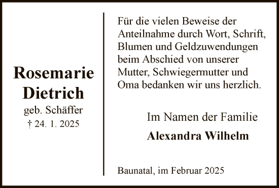 Todesanzeige von Rosemarie Dietrich von HNA