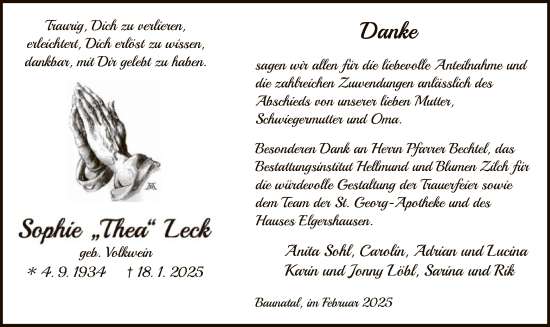 Todesanzeige von Sophie Leck von HNA