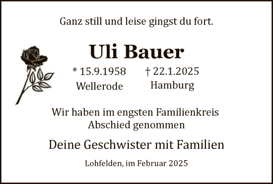 Todesanzeige von Uli Bauer von HNA