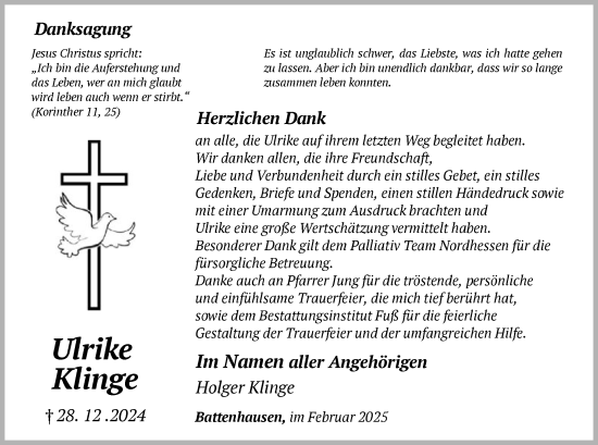 Todesanzeige von Ulrike Klinge von HNA