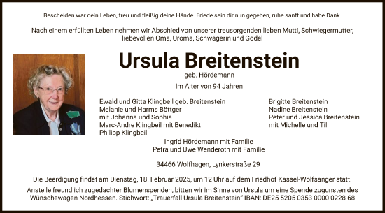Todesanzeige von Ursula Breitenstein von HNAHNA