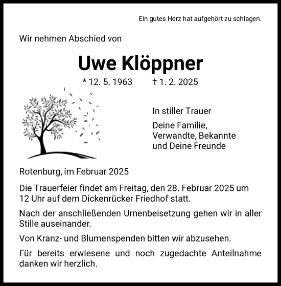 Todesanzeige von Uwe Klöppner von HNA