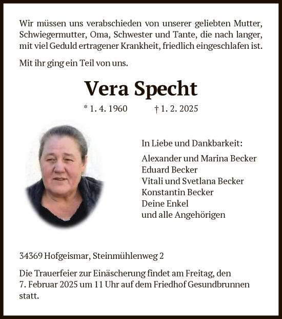 Todesanzeige von Vera Specht von HNA