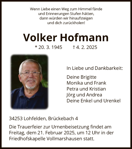 Todesanzeige von Volker Hofmann von HNA