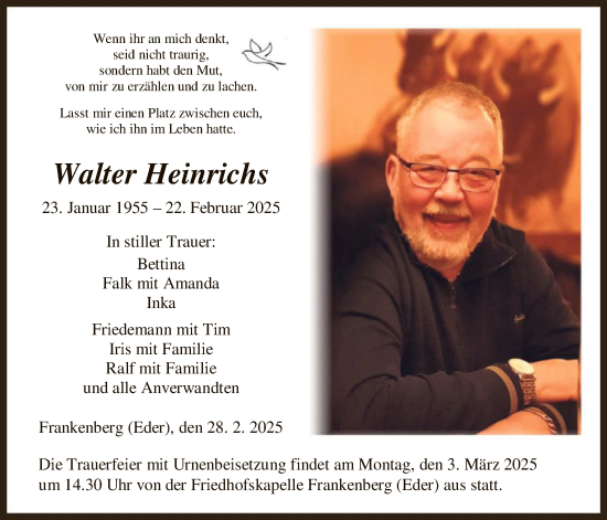 Todesanzeige von Walter Heinrichs von HNA