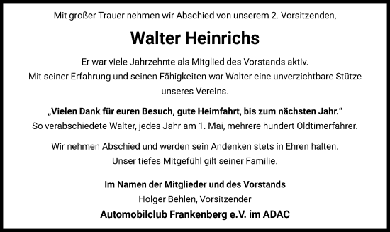 Todesanzeige von Walter Heinrichs von HNA