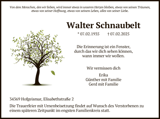 Todesanzeige von Walter Schnaubelt von HNA