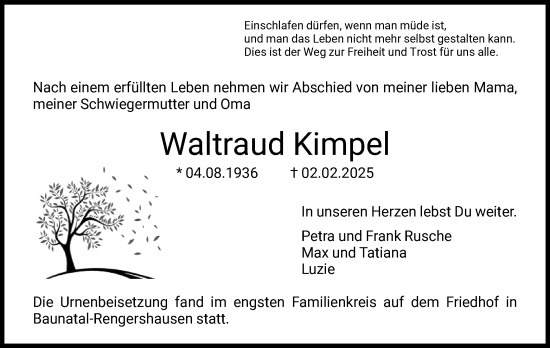 Todesanzeige von Waltraud Kimpel von HNA