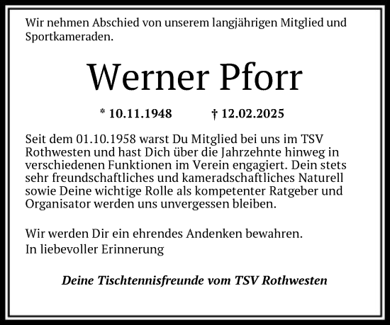 Todesanzeige von Werner Pforr von HNA