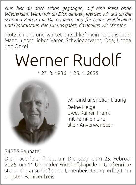 Todesanzeige von Werner Rudolf von HNA