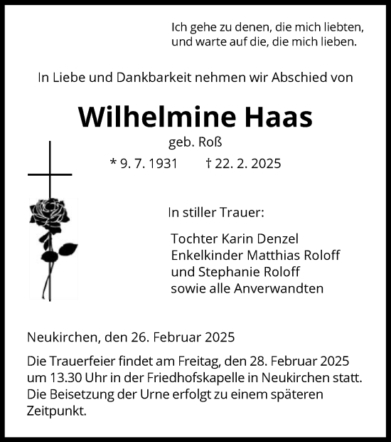 Todesanzeige von Wilhelmine Haas von HNA