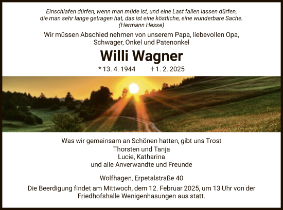 Todesanzeige von Willi Wagner von HNA