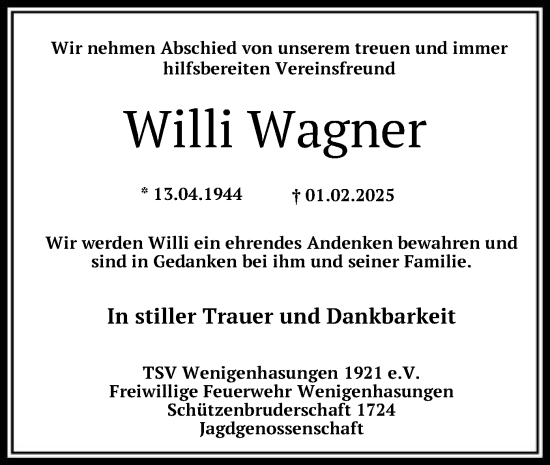 Todesanzeige von Willi Wagner von HNA