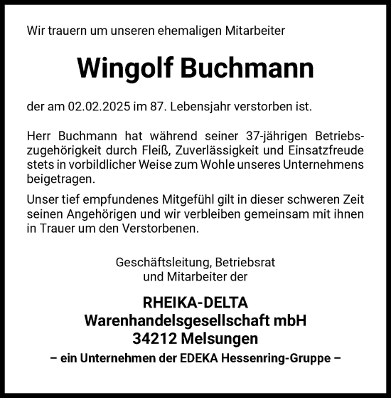 Todesanzeige von Wingolf Buchmann von HNA