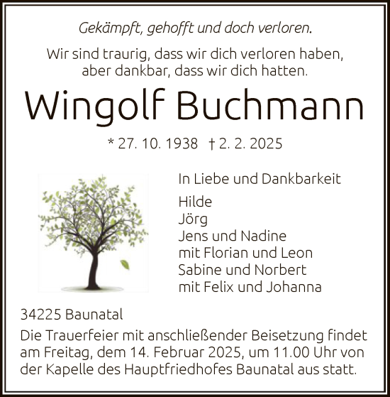 Todesanzeige von Wingolf Buchmann von HNA