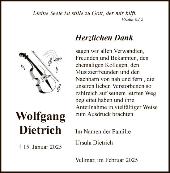 Todesanzeige von Wolfgang Dietrich von HNA