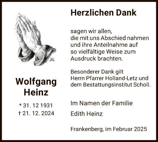 Todesanzeige von Wolfgang Heinz von HNA