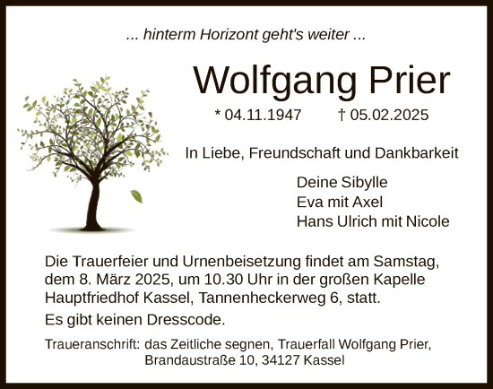 Todesanzeige von Wolfgang Prier von HNA