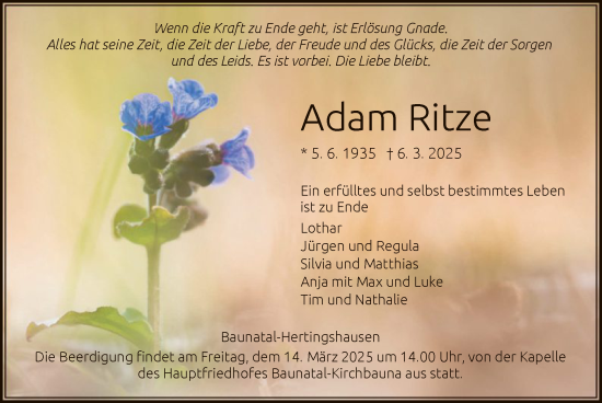 Todesanzeige von Adam Ritze von HNA