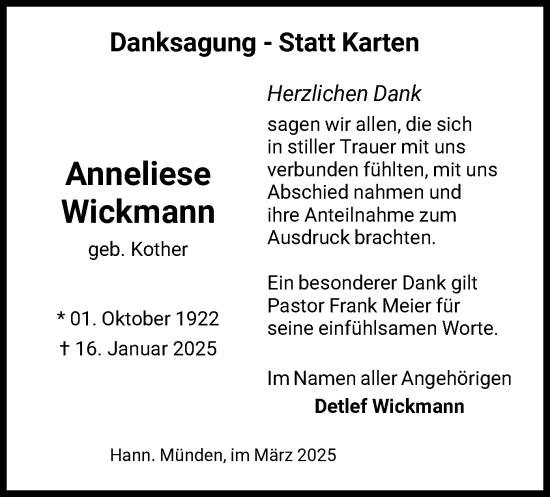 Todesanzeige von Anneliese Wickmann von HNA