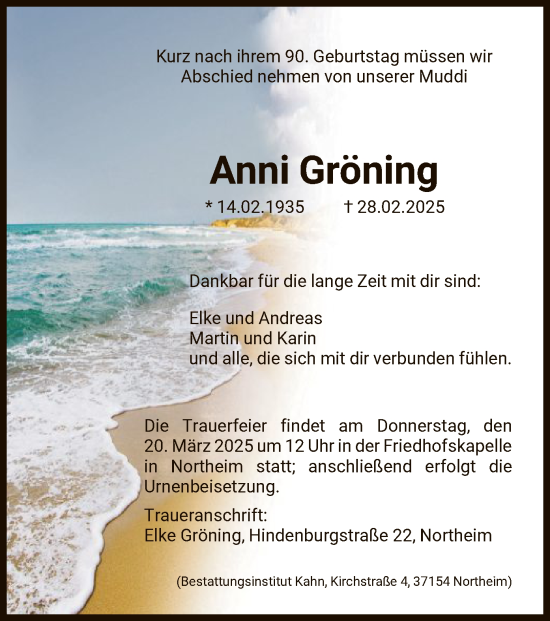 Todesanzeige von Anni Gröning von HNA