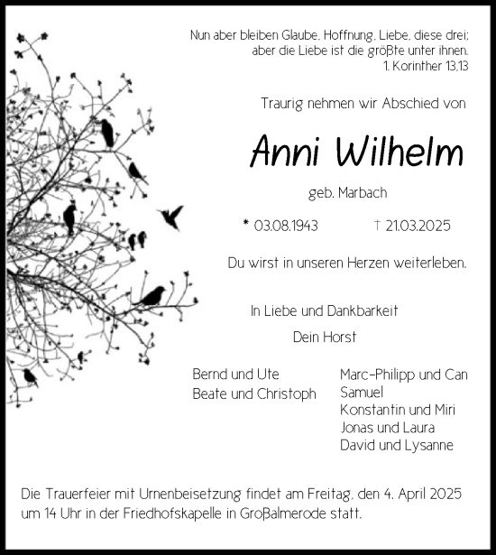 Todesanzeige von Anni Wilhelm von HNAHNA