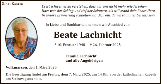 Todesanzeige von Beate Lachnicht von WLZHNA