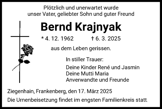 Todesanzeige von Bernd Krajnyak von HNA