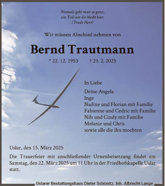 Todesanzeige von Bernd Trautmann von HNA